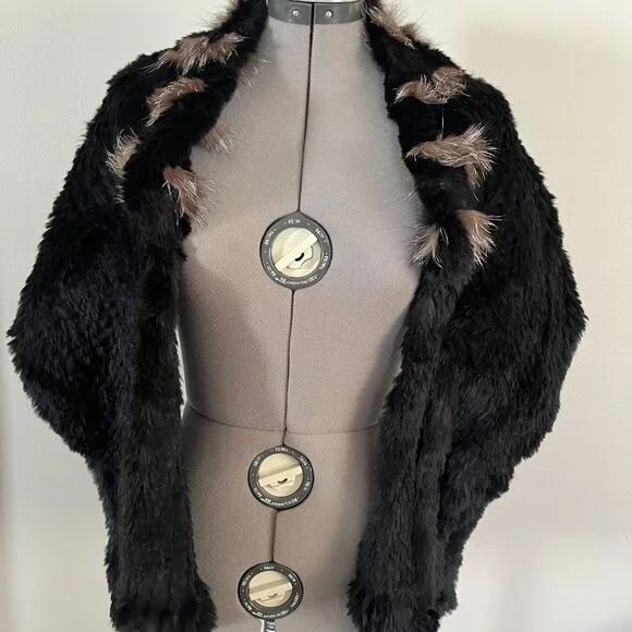 VTG Preston & York Black and Tan Rabbit and Fox Fur Shrug Wrap - Picture 4 of 9